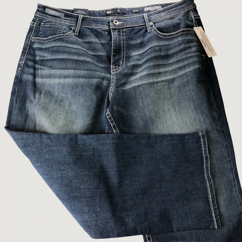 NEW BKE Seth Jeans Mens 42x30 Blue Straight Cone Denim Whiskering Stretch Preppy